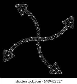 Glowing mesh swirl arrows with sparkle effect. Abstract illuminated model of swirl arrows icon. Shiny wire carcass polygonal mesh swirl arrows. Vector abstraction on a black background.