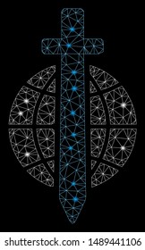 Glowing mesh sword globe with glitter effect. Abstract illuminated model of sword globe icon. Shiny wire carcass polygonal mesh sword globe. Vector abstraction on a black background.