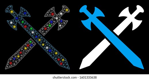 Glowing mesh swords icon with glare effect. Abstract illuminated model of swords. Shiny wire frame triangular network swords icon. Vector abstraction on a black background.
