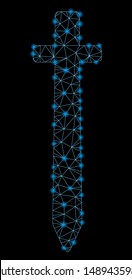 Glowing mesh symbolic sword with sparkle effect. Abstract illuminated model of symbolic sword icon. Shiny wire frame triangular mesh symbolic sword. Vector abstraction on a black background.
