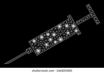 Glowing mesh syringe with glitter effect. Abstract illuminated model of syringe icon. Shiny wire carcass polygonal mesh syringe. Vector abstraction on a black background.
