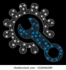 Glowing mesh system tools with glitter effect. Abstract illuminated model of system tools icon. Shiny wire carcass polygonal mesh system tools. Vector abstraction on a black background.