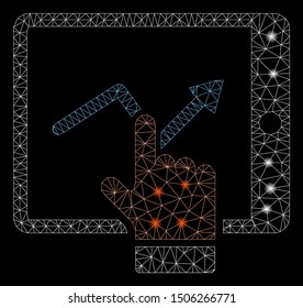Glowing mesh tablet report with glare effect. Abstract illuminated model of tablet report icon. Shiny wire frame triangular network tablet report. Vector abstraction on a black background.
