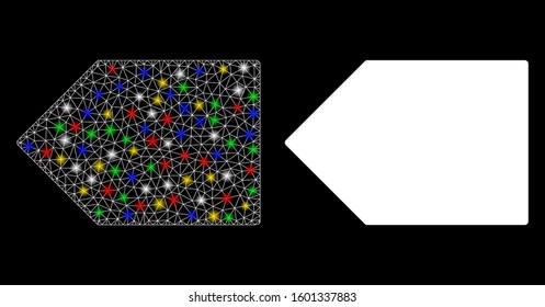 Glowing mesh tag icon with glare effect. Abstract illuminated model of tag. Shiny wire frame triangular mesh tag icon. Vector abstraction on a black background.