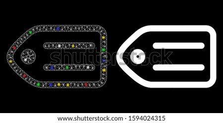 Glowing mesh tag icon with glare effect. Abstract illuminated model of tag. Shiny wire frame polygonal mesh tag icon. Vector abstraction on a black background.