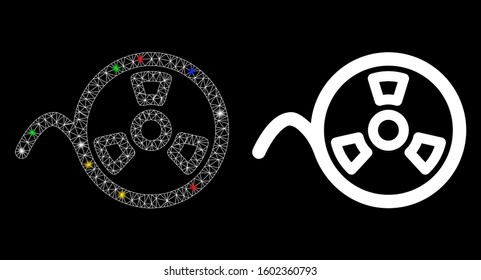 Glowing mesh tape reel icon with glare effect. Abstract illuminated model of tape reel. Shiny wire frame polygonal mesh tape reel icon. Vector abstraction on a black background.