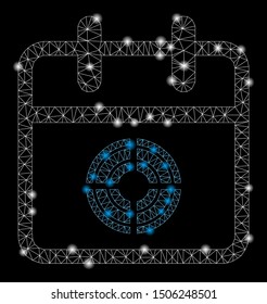 Glowing mesh target day with glow effect. Abstract illuminated model of target day icon. Shiny wire carcass polygonal mesh target day. Vector abstraction on a black background.