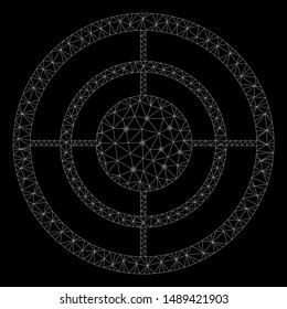Glowing mesh target with glitter effect. Abstract illuminated model of target icon. Shiny wire carcass polygonal mesh target. Vector abstraction on a black background.