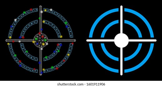 Glowing mesh target icon with glare effect. Abstract illuminated model of target. Shiny wire frame polygonal mesh target icon. Vector abstraction on a black background.