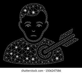 Glowing mesh target man with glare effect. Abstract illuminated model of target man icon. Shiny wire frame polygonal network target man. Vector abstraction on a black background.