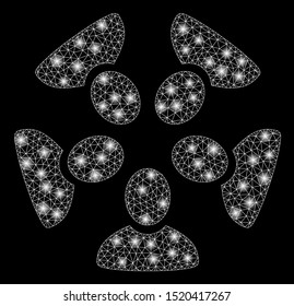 Glowing mesh team with glare effect. Abstract illuminated model of team icon. Shiny wire frame polygonal mesh team. Vector abstraction on a black background.