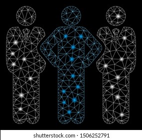 Glowing mesh team with glitter effect. Abstract illuminated model of team icon. Shiny wire frame triangular mesh team. Vector abstraction on a black background.