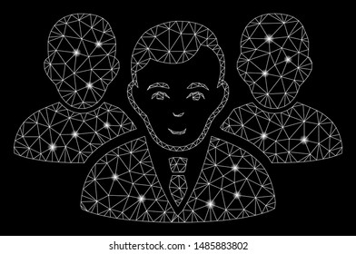Glowing mesh team with glow effect. Abstract illuminated model of team icon. Shiny wire frame triangular network team. Vector abstraction on a black background.