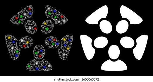 Glowing mesh team icon with glare effect. Abstract illuminated model of team. Shiny wire carcass polygonal mesh team icon. Vector abstraction on a black background.