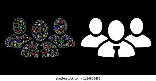 Glowing mesh team manager icon with sparkle effect. Abstract illuminated model of team manager. Shiny wire carcass polygonal network team manager icon. Vector abstraction on a black background.