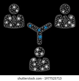 Glowing mesh teamwork with glare effect. Abstract illuminated model of teamwork icon. Shiny wire carcass polygonal mesh teamwork. Vector abstraction on a black background.