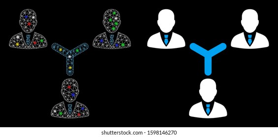 Glowing mesh teamwork icon with glare effect. Abstract illuminated model of teamwork. Shiny wire frame polygonal mesh teamwork icon. Vector abstraction on a black background.
