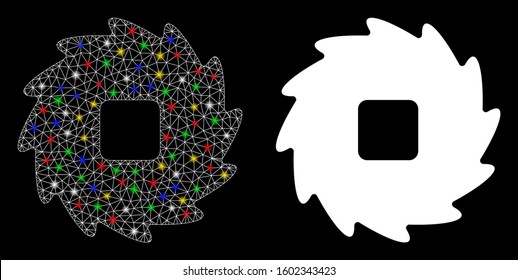 Glowing mesh teeth ratchet wheel icon with sparkle effect. Abstract illuminated model of teeth ratchet wheel. Shiny wire frame triangular mesh teeth ratchet wheel icon.