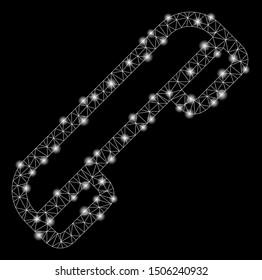 Glowing mesh telephone with glare effect. Abstract illuminated model of telephone icon. Shiny wire carcass polygonal mesh telephone. Vector abstraction on a black background.