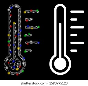 Glowing mesh temperature icon with lightspot effect. Abstract illuminated model of temperature. Shiny wire carcass triangular mesh temperature icon. Vector abstraction on a black background.