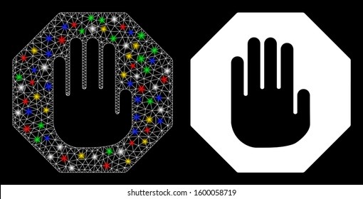 Glowing mesh terminate icon with lightspot effect. Abstract illuminated model of terminate. Shiny wire carcass polygonal network terminate icon. Vector abstraction on a black background.
