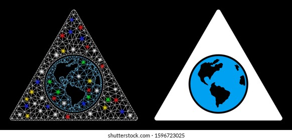 Glowing mesh terra triangle icon with glow effect. Abstract illuminated model of terra triangle. Shiny wire carcass polygonal mesh terra triangle icon. Vector abstraction on a black background.