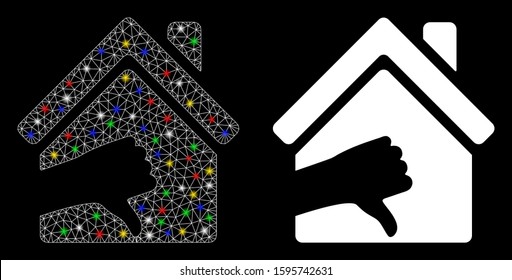 Glowing mesh terrible house icon with glare effect. Abstract illuminated model of terrible house. Shiny wire frame triangular mesh terrible house icon. Vector abstraction on a black background.