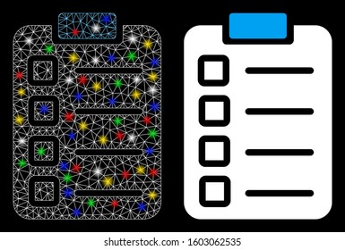 Glowing mesh test tasks icon with sparkle effect. Abstract illuminated model of test tasks. Shiny wire frame triangular mesh test tasks icon. Vector abstraction on a black background.