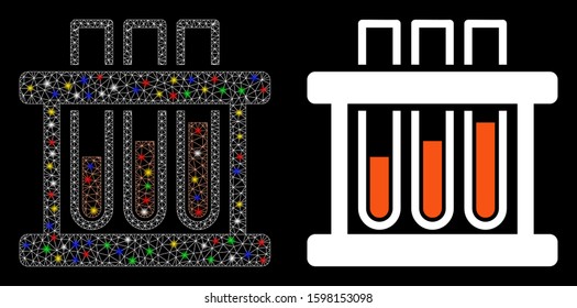 Glowing mesh test tubes icon with glare effect. Abstract illuminated model of test tubes. Shiny wire frame polygonal network test tubes icon. Vector abstraction on a black background.