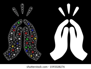 Glowing mesh thank you icon with glitter effect. Abstract illuminated model of thank you. Shiny wire carcass polygonal mesh thank you icon. Vector abstraction on a black background.