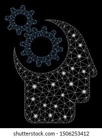 Glowing mesh think with glitter effect. Abstract illuminated model of think icon. Shiny wire carcass polygonal network think. Vector abstraction on a black background.
