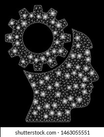 Glowing mesh thinking gear with sparkle effect. Abstract illuminated model of thinking gear icon. Shiny wire frame triangular mesh thinking gear. Vector abstraction on a black background.