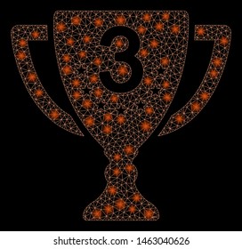 Glowing mesh third place cup with glow effect. Abstract illuminated model of third place cup icon. Shiny wire frame polygonal mesh third place cup. Vector abstraction on a black background.
