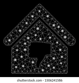Glowing mesh thumb down building with glare effect. Abstract illuminated model of thumb down building icon. Shiny wire carcass triangular network thumb down building.