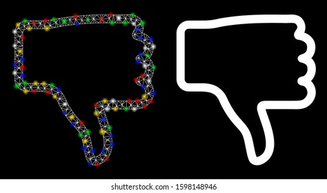 Glowing mesh thumb down icon with glitter effect. Abstract illuminated model of thumb down. Shiny wire frame triangular mesh thumb down icon. Vector abstraction on a black background.