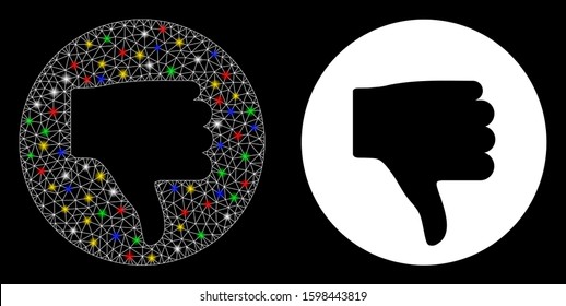 Glowing mesh thumb down icon with glitter effect. Abstract illuminated model of thumb down. Shiny wire frame triangular mesh thumb down icon. Vector abstraction on a black background.