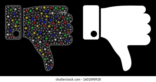 Glowing mesh thumb down icon with sparkle effect. Abstract illuminated model of thumb down. Shiny wire carcass polygonal network thumb down icon. Vector abstraction on a black background.