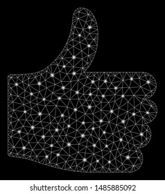 Glowing mesh thumb up with glare effect. Abstract illuminated model of thumb up icon. Shiny wire carcass triangular mesh thumb up. Vector abstraction on a black background.
