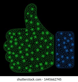 Glowing mesh thumb up with glitter effect. Abstract illuminated model of thumb up icon. Shiny wire frame polygonal network thumb up. Vector abstraction on a black background.