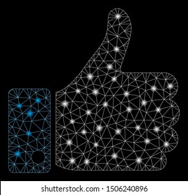 Glowing mesh thumb up with glow effect. Abstract illuminated model of thumb up icon. Shiny wire frame polygonal mesh thumb up. Vector abstraction on a black background.