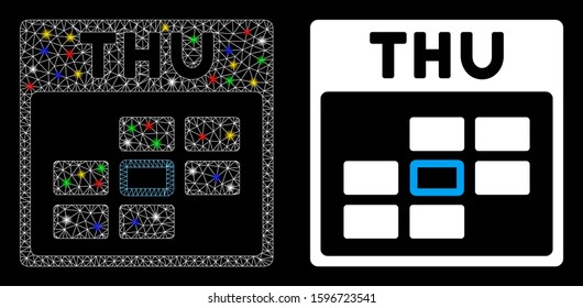 Glowing mesh Thursday calendar grid icon with glare effect. Abstract illuminated model of Thursday calendar grid. Shiny wire frame triangular mesh Thursday calendar grid icon.