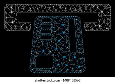 Glowing mesh ticket machine with sparkle effect. Abstract illuminated model of ticket machine icon. Shiny wire carcass polygonal mesh ticket machine. Vector abstraction on a black background.