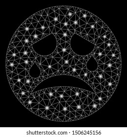 Glowing mesh tiers smiley with glitter effect. Abstract illuminated model of tiers smiley icon. Shiny wire frame triangular mesh tiers smiley. Vector abstraction on a black background.