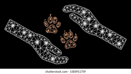 Glowing mesh tiger care hands with glow effect. Abstract illuminated model of tiger care hands icon. Shiny wire carcass polygonal mesh tiger care hands. Vector abstraction on a black background.