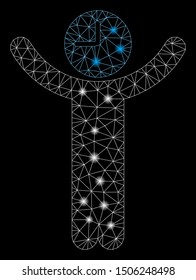 Glowing mesh time boss with lightspot effect. Abstract illuminated model of time boss icon. Shiny wire carcass triangular mesh time boss. Vector abstraction on a black background.