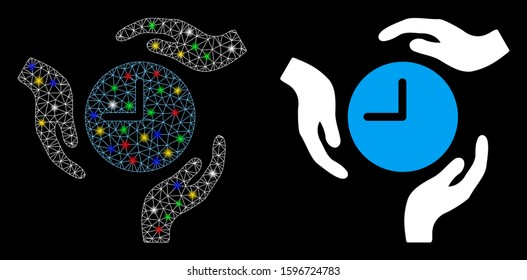 Glowing mesh time care hands icon with sparkle effect. Abstract illuminated model of time care hands. Shiny wire carcass triangular mesh time care hands icon. Vector abstraction on a black background.