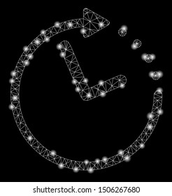 Glowing mesh time direction with glitter effect. Abstract illuminated model of time direction icon. Shiny wire frame triangular mesh time direction. Vector abstraction on a black background.
