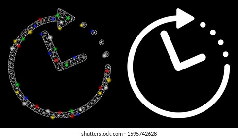 Glowing mesh time direction icon with lightspot effect. Abstract illuminated model of time direction. Shiny wire frame polygonal mesh time direction icon. Vector abstraction on a black background.