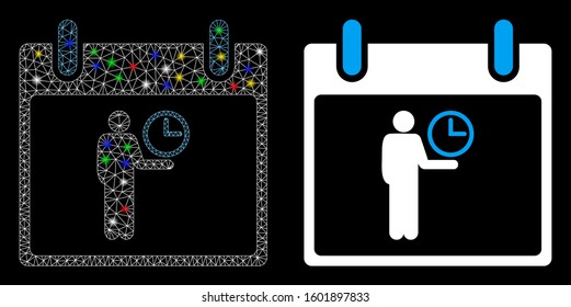 Glowing mesh time manager calendar day icon with glow effect. Abstract illuminated model of time manager calendar day. Shiny wire frame triangular mesh time manager calendar day icon.