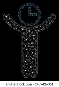 Glowing mesh time manager with glow effect. Abstract illuminated model of time manager icon. Shiny wire carcass triangular mesh time manager. Vector abstraction on a black background.